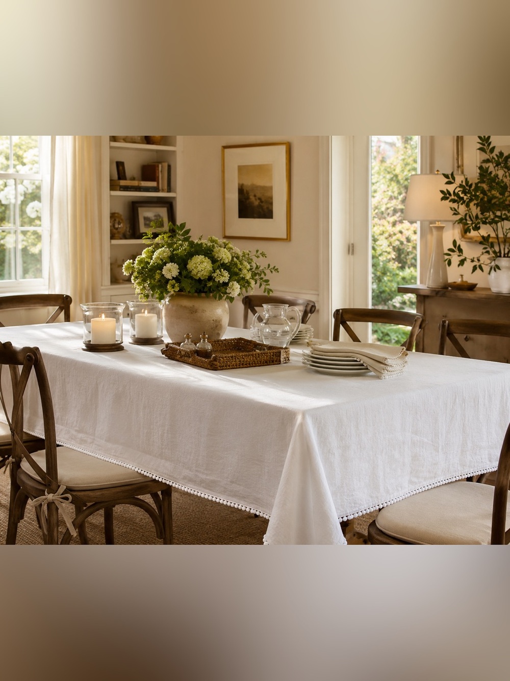 Classic White Pom-Pom Edge Linen Tablecloth